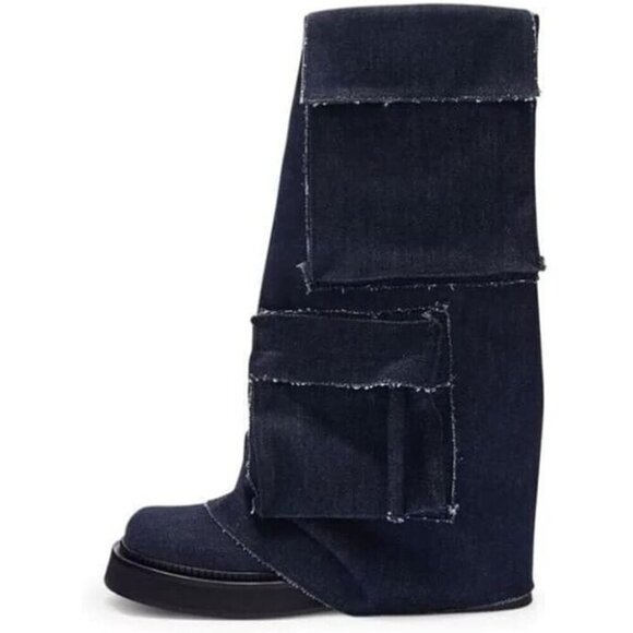 NIB Denim Cargo BOOTS Women's Size 8 Mid Calf 90s Rave Goth Punk Grunge Pockets - Picture 1 of 6